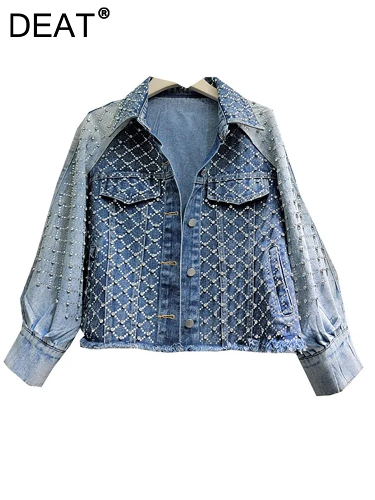 

DEAT Women's Denim Coat Patchwork Fake 2 Pcs Hollow Out Washed Blue Burrs Diamonds Plaid Jackets 2024 Autumn New Fashion 29L7944