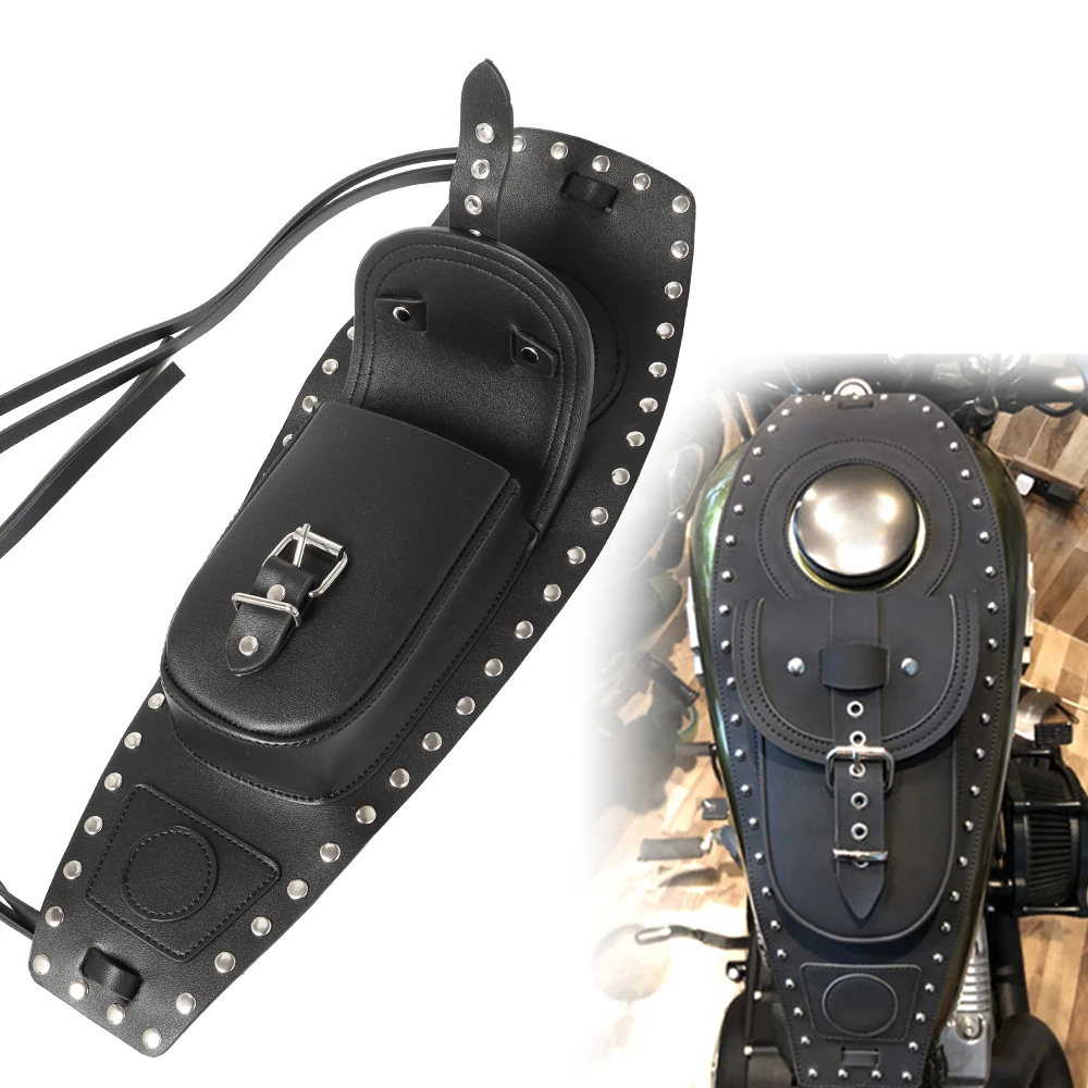 BLACK Motorcycle PU Leather Fuel Gas Tank Bag Pad Cover Fits For Harley Sportster Iron XL 883 1200 48