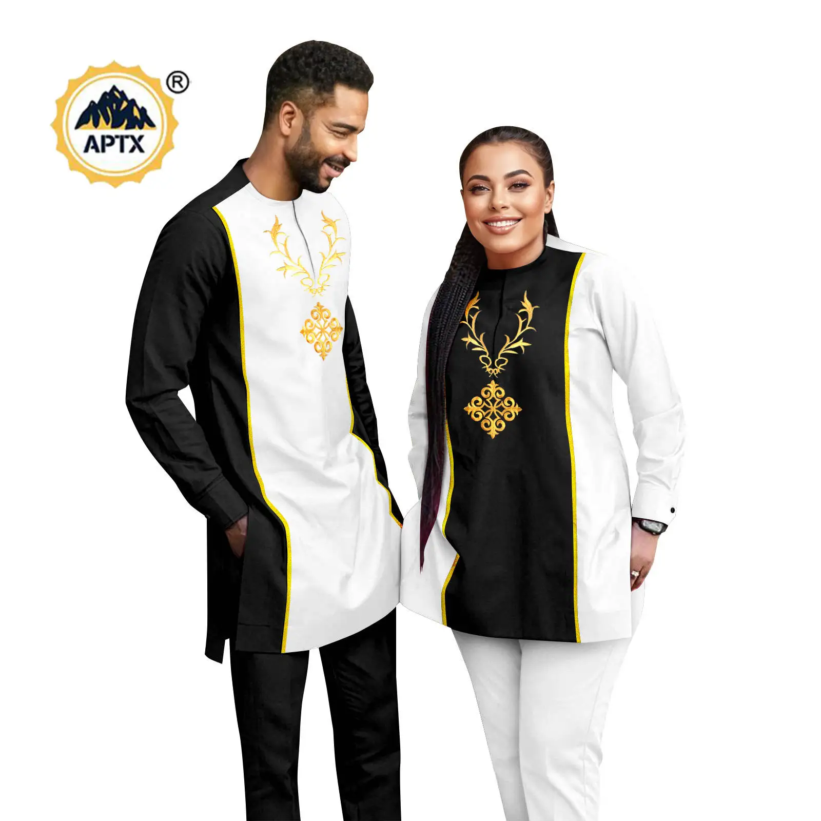 Bazin Riche 아프리카 여성 패치 워크 의류 매칭 커플 의상 Dashiki Kaftan 남성 아플리케 탑과 바지 세트 25C029