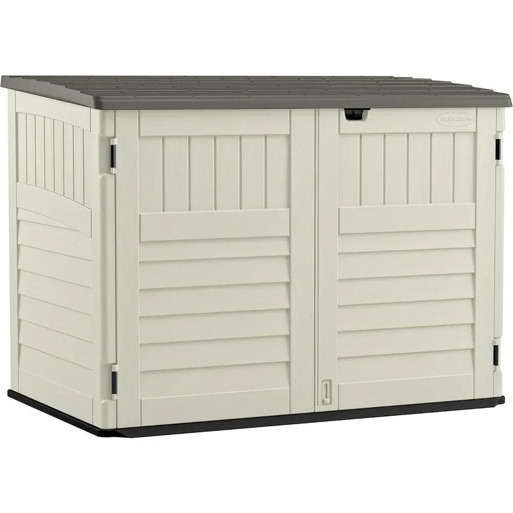 

Horizontal Stow-Away Storage Shed - Natural Wood-like Outdoor Storage for Trash Cans and Yard Tools - All-Weather Resin,