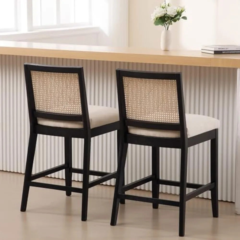 26.5 Rattan Bar Stools Set of 2 Modern Linen Fabric Upholstered Counter Height Bar Stools, Kitchen Island Barstools with Rattan