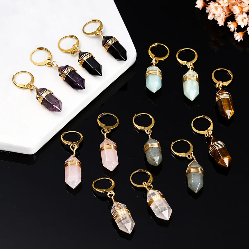 Change Better Natural Black Agate Pink Quartz Tiger Eye Stone Hexagon Dangle Earrings Women Reiki Healing Crystal Hoop Earring