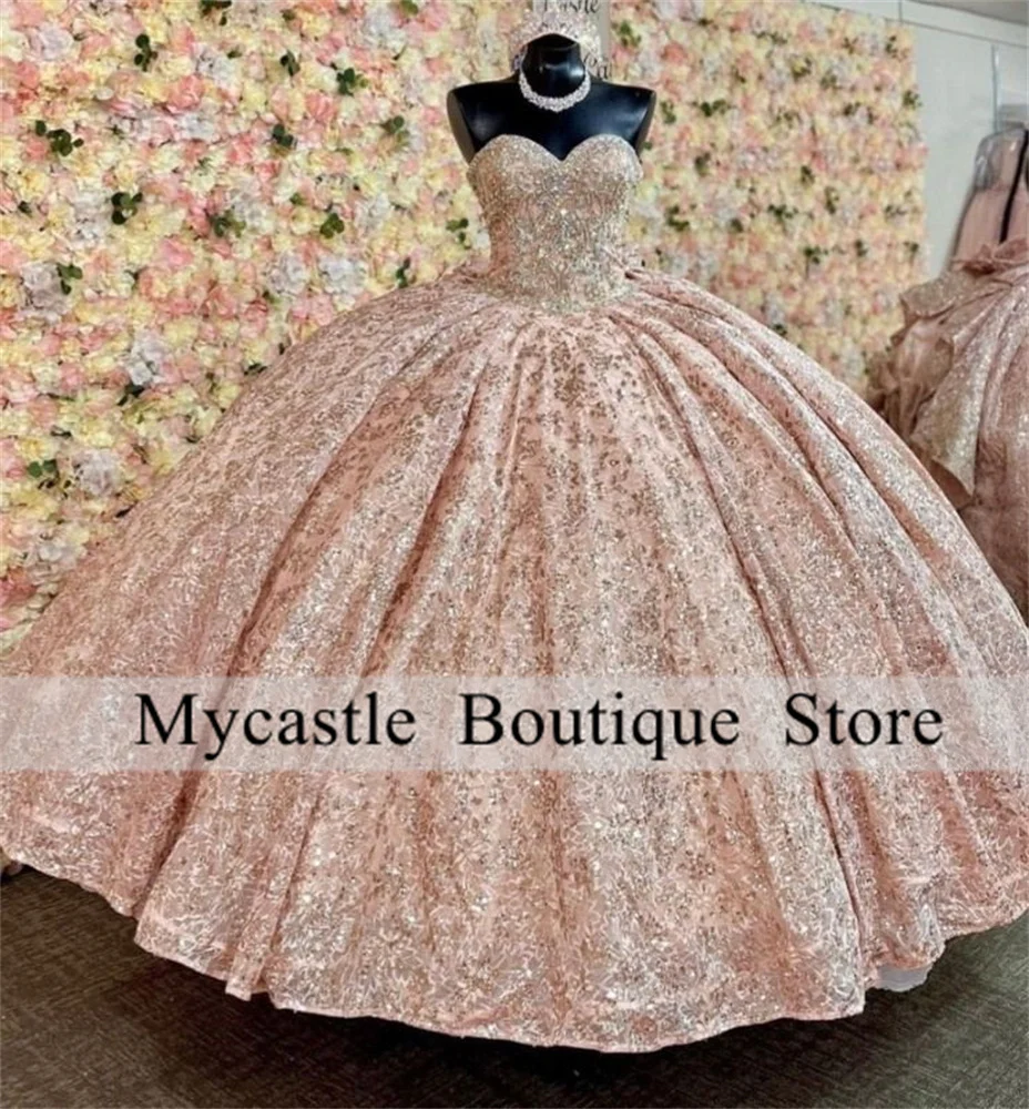 Sparkly Rose Gold Princess Quinceanera Dresses 2025 With Bow Ball Gown Appliques Crystals Bead Sweet 15 Dress Customized Lace-Up