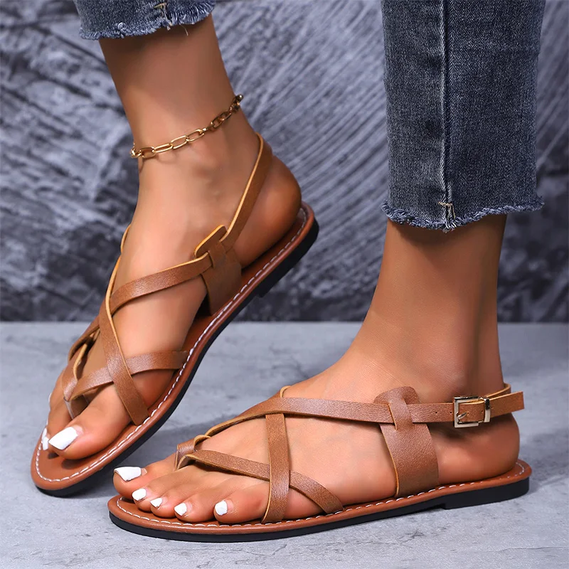 Plus Size Ankle Strap Low Heels Sandals for Woman Cross Band Lightweight Flip Flops 2025 Summer Solid Comfort Gladiator Shoes