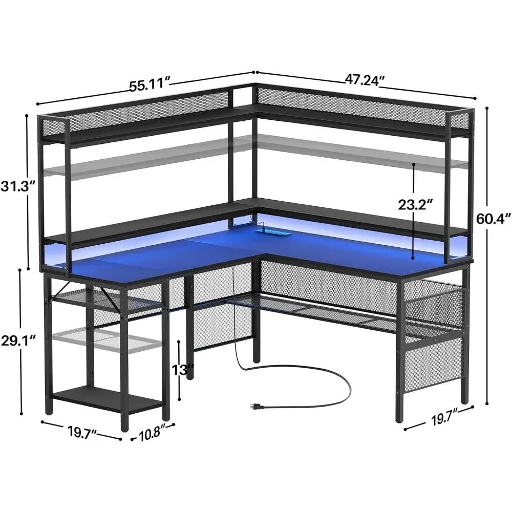 L Shaped Computer Desk with Led Light, Power Outlet, Storage Shelves & Monitor Stand, Reversible Gaming Desk