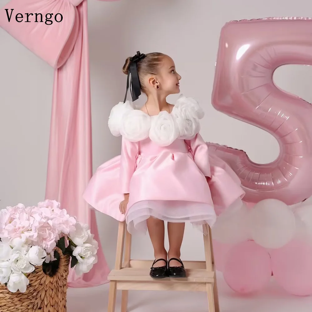 

Verngo Pink Princess 3D Flowers Girl Birthday Party Dress Full Sleeves A Line Ball Gown Celebrity Patyu Dress Customized
