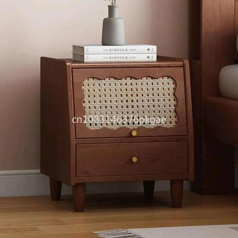 Solid Wood Vintage French Bedside Table Home Storage Table Rattan Bedroom Small Cabinet Bedside Locker Complete Furniture