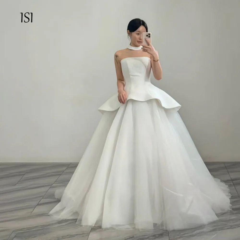ISI Simple Ivory Necklace Wedding Dress Korea Photo Shoot Strapless A line Long Bridal Gowns Corset Customized 웨딩드레스