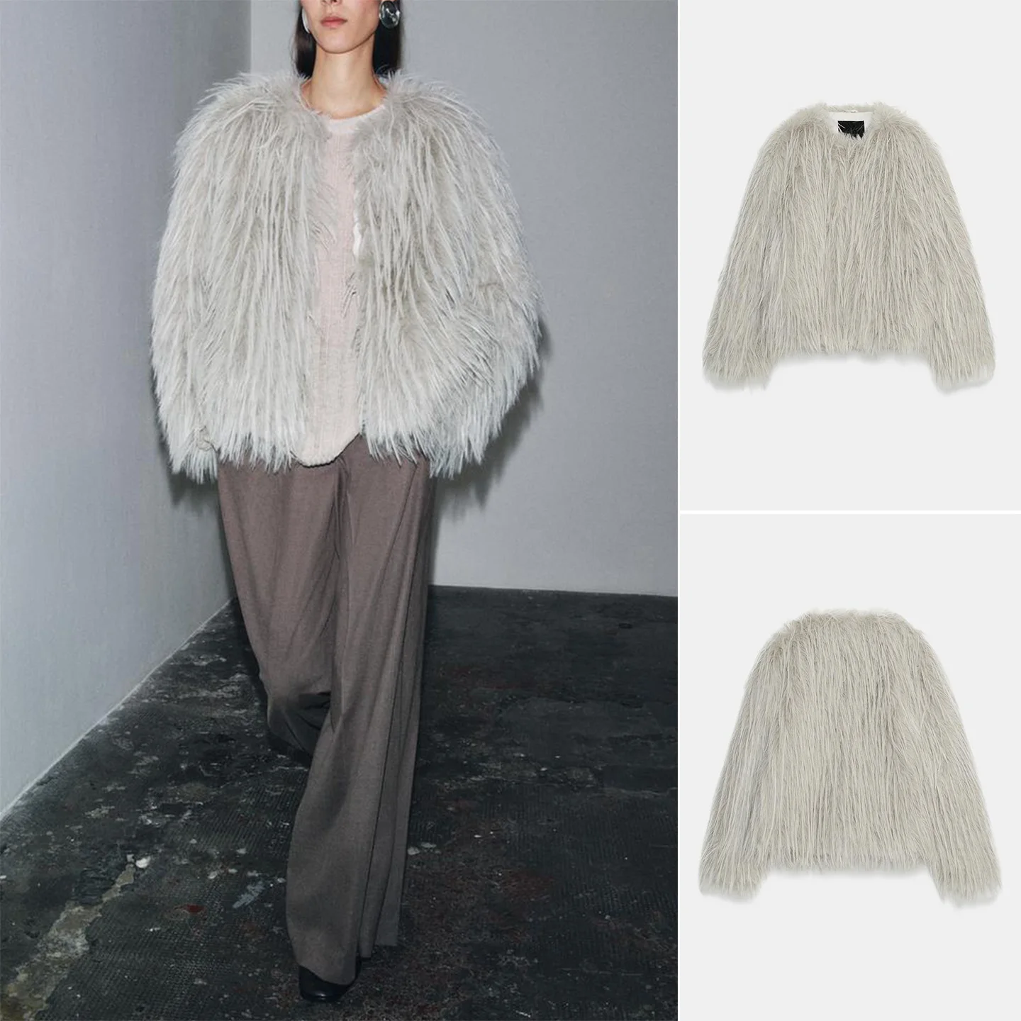 

Fall New Women's Design Loose ort Artificial Fur Effect Coat Jaet French Sle Long Sve ort Length No Hat Included