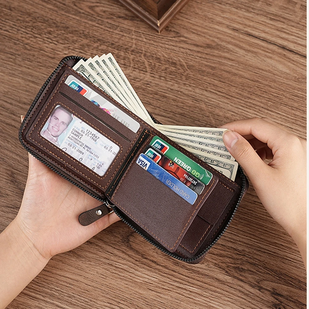 Classic Men's Short Wallet Coin Purse Retro PU Leather Zipper Multi-Solt Card Holder Fashion Credit Card Clip Coin Wallet