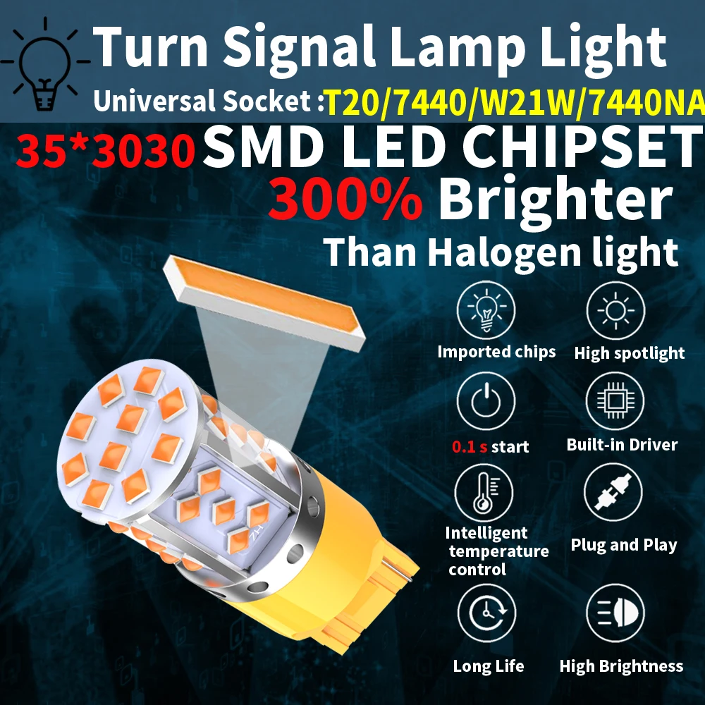 2pcs T20 W21W WY21W 7440 7440NA  1156 BA15S BAU15S LED Turn Signal Light Bulbs Canbus Error Free No Hyper Flash Orange