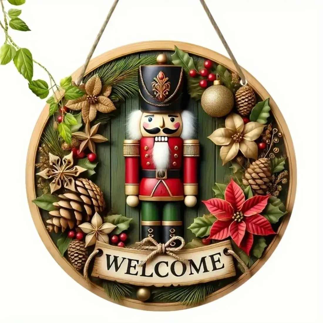 CIFBUY Round Aluminum Tin Sign, Nutcracker Welcome Christmas Metal Plaque, Xmas Vintage Wall Art Decor Front Door Home Indoor