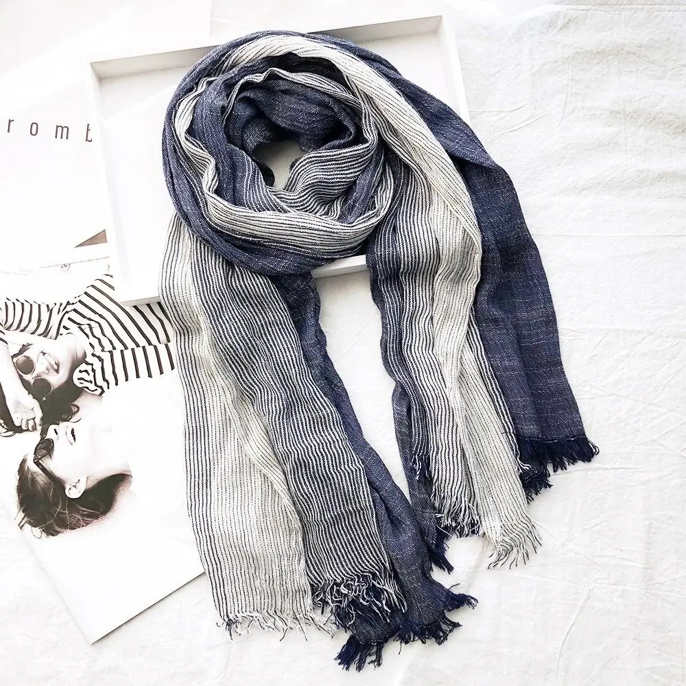 

Fashion Cotton Linen Unisex Striped Scarf Soft Patchwork Long Neckerchief Wrinkled Winter Warm Tassel Bufandas Shawls