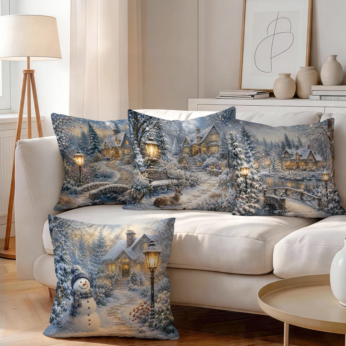 1/4pcs Winter Snowy View Cottage Cushions Pillowcase Polyester Cushion Cover Throw Pillow Pillowcover Home Car Sofa Decor