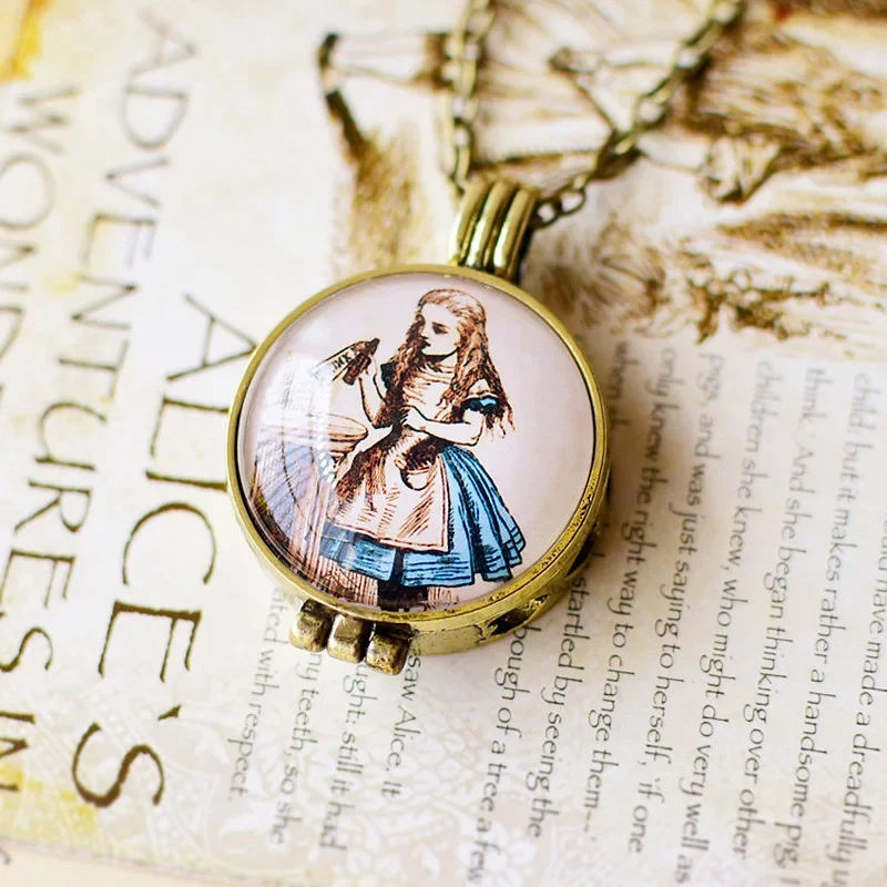 Women Vintage Bronze Color Locket Perfume Necklace Alice In Wonderland Essential Oil Diffuser Necklace For Kids Girls Gifts