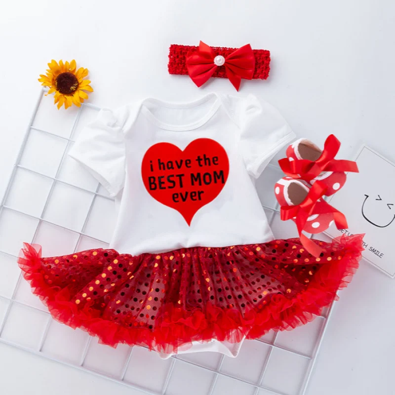 Summer New Baby Mother's Day Short Sleeve Sequin Mesh Romper Dress Heart Dress Baby Shoes Three-Piece Set