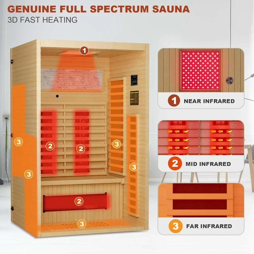 Sauna a spettro completo per la casa, Sauna a infrarossi per interni da 1 ~ 2 persone, Sauna a infrarossi per la casa in legno con orlo canadese