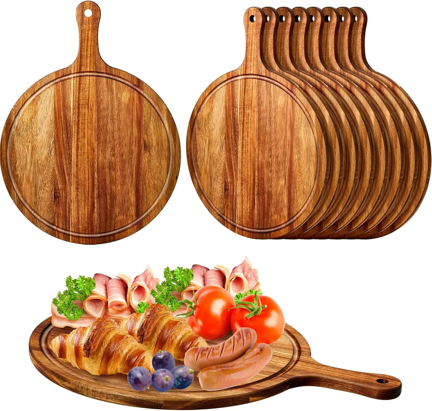 

10 Pcs Round Wood Cutting Board with Handle Acacia Wooden Serving Kitchen Chopping Boards for Pizza, Bread, Cheese, Char