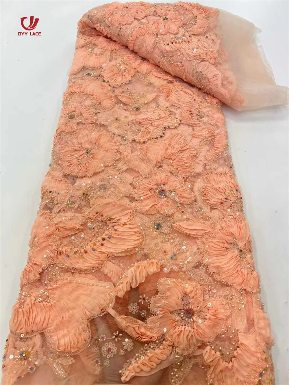 

2026 African 3D Floral Beaded Lace Fabric French Nigerian Sequin Lace Fabric for Bridal Wedding Party Dress Material 5 Yards