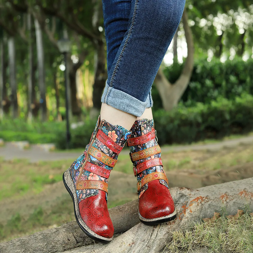 Socofy Raffan Stivali da donna casual piatti comodi floreali retrò