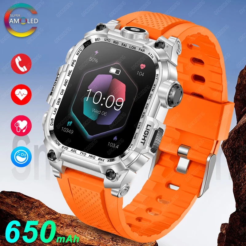 Outdoor Smart Watch Men Heart Rate Sports Waterproof Fitness Tracker Flashlight Smartwatch Bluetooth Call DIY Dial AOD Display