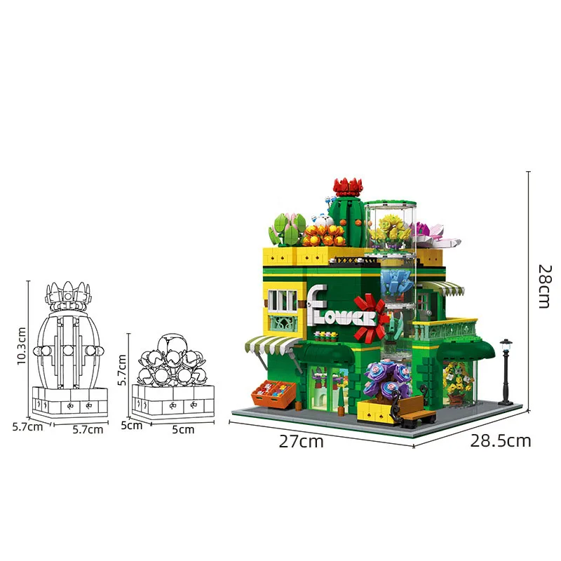 

Creative City Street View Bonsai Shop Building Block With Light Flower Plant Potting Florist Bricks Streetscape Toys Collection