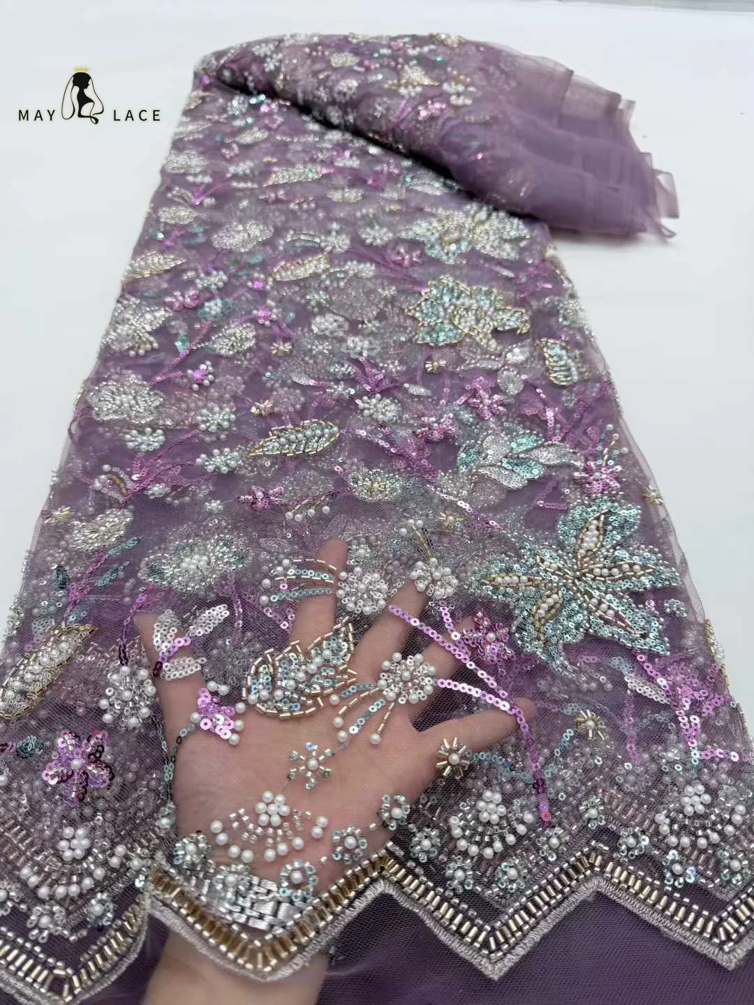 

Luxury Beads Mesh Lace Fabrics Purple Lace Nigerian African Tulle 2026 French Tulle Beaded Sequins Lace for Women Evening Dress