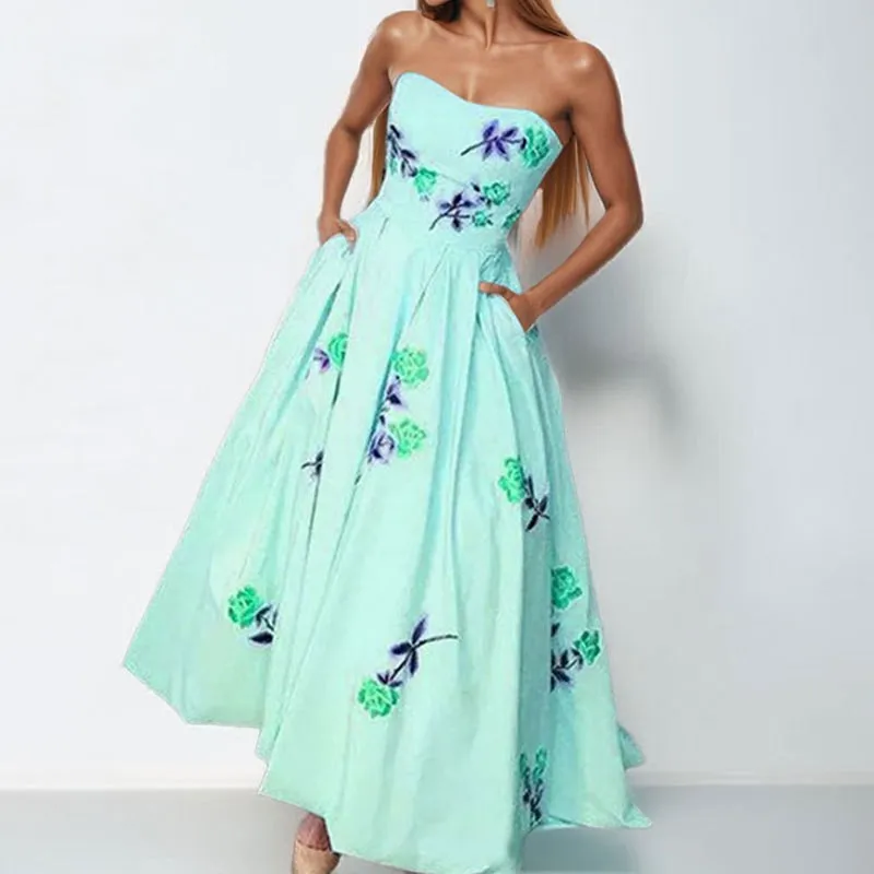 Sleeveless Tube Top Floral Print Fashion Dress Womens Summer Large Swing Elegant Dress High Waist Commuting All-match Long Skirt