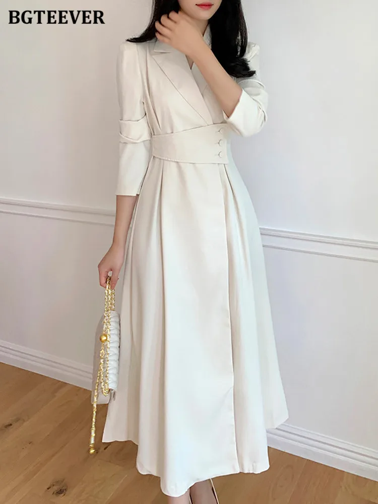 BGTEEVER Elegant Notched Collar Solid Suit Dress Women Spring Autumn Long Sleeve Belted Slim Waist A-line Dress Female