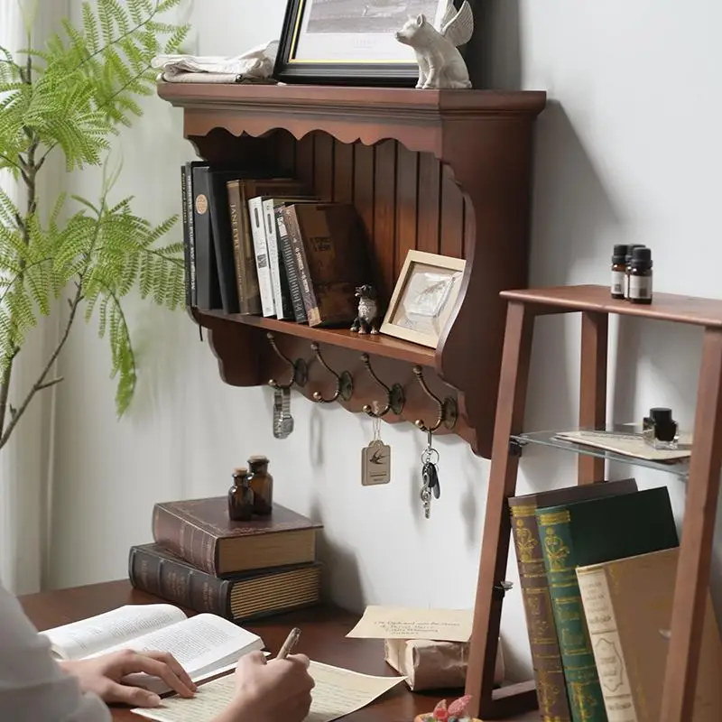 خزانة عرض معلقة على الريف الفرنسي - رف تحف مثبت على الحائط من الخشب الصلب لتناول الطعام/غرفة المعيشة، ديكور متعدد الوظائف