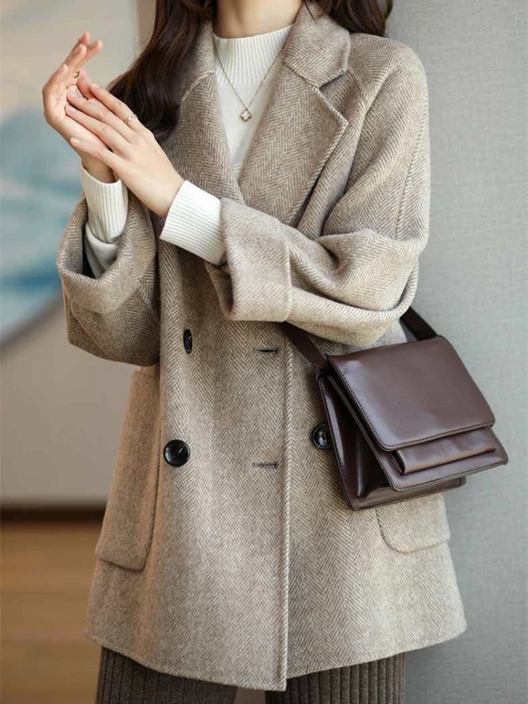 Woolen Jacket Women Elegant Coats Loose-fit Office Trench Fashion Blazer Double Breasted Outer Wear Autumn Winter Plus Size