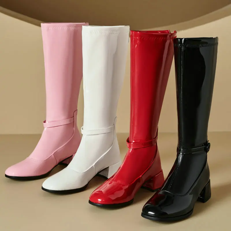 

Лакированные ботинки из искусственной кожи, розовые, красные, красные, эластичные ботинки до середины икры на молнии, на массивном высоком каблуке, белая молния сзади, сексуальная женская обувь, размер 34-46