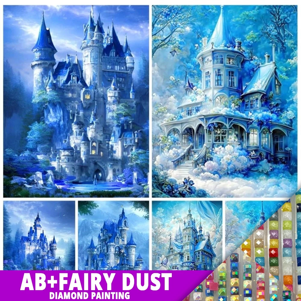 الجنية الغبار AB الماس اللوحة مجموعة جديدة 2023 الشتاء الأزرق القلعة كامل مربع جولة فسيفساء صورة منزل مشهد ديكور المنزل