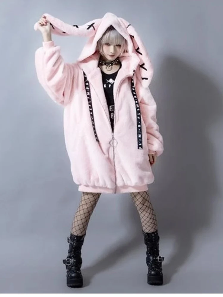 Lautaro Autumn Oversized Sweet Cute Soft Purple Black Faux Fur Coat Women with Bunny Ears Kawaii Loose Fluffy Jacket Hoodie 2023