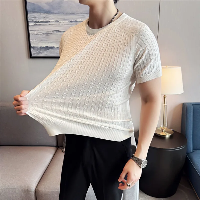 

Men High Stretch Knitted T-shirt Short Sleeved Summer Light Thin Solid Casual Round Neck Top T-shirt High-quality Trendy Wear
