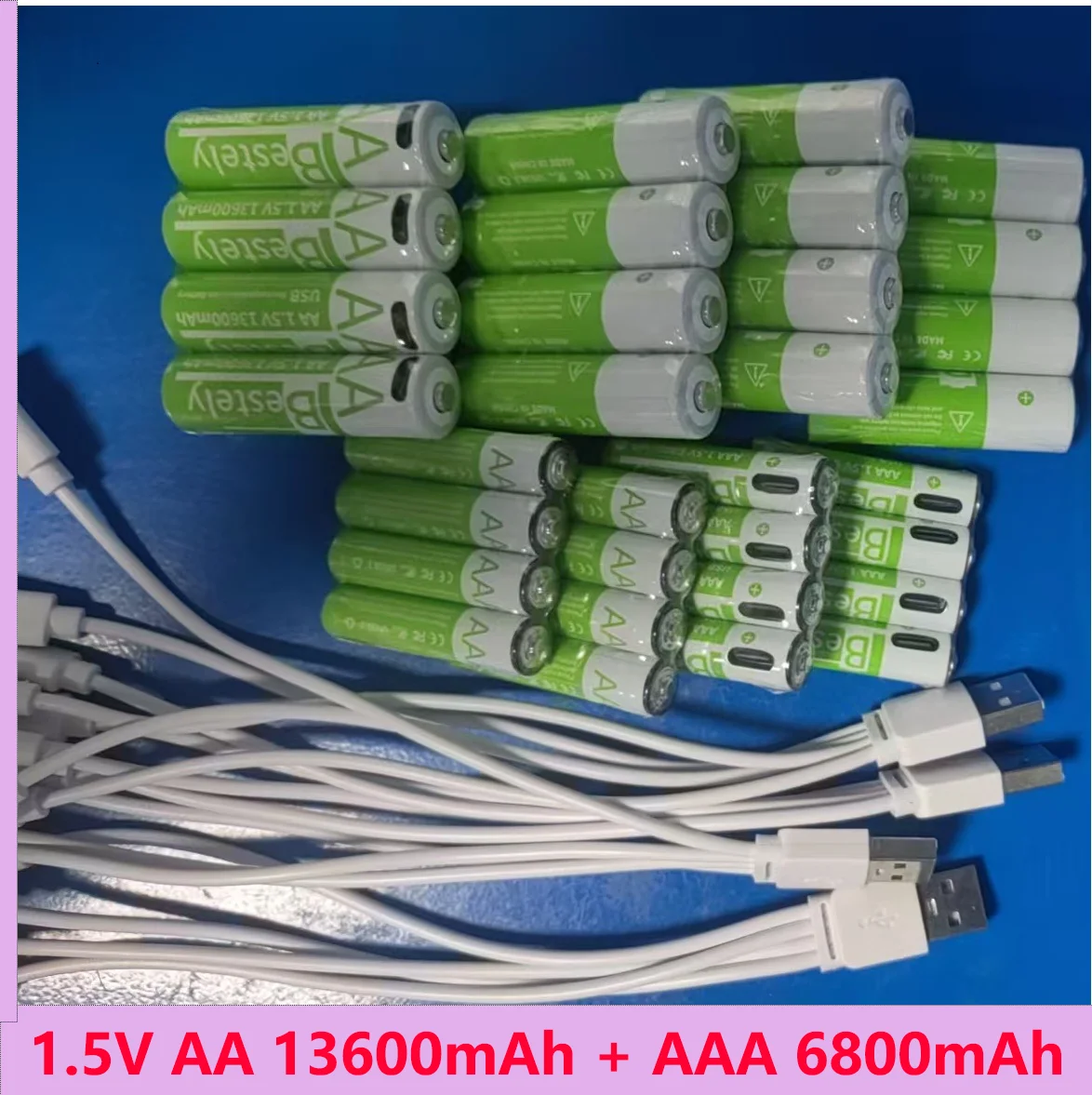 1.5V AA 13600mAh + AAA 6800mAh Rechargeable Lithium Battery Set with USB-C Fast Charging Type C Cable