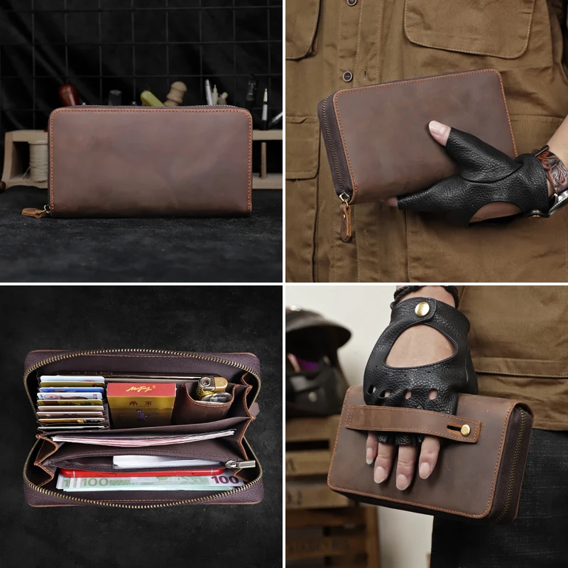 

Retro Handmade Crazy Horse Leather Long Wallet Clutch Bag Men's Genuine Leather Zipper Multi Card Versatile Hand Bag
