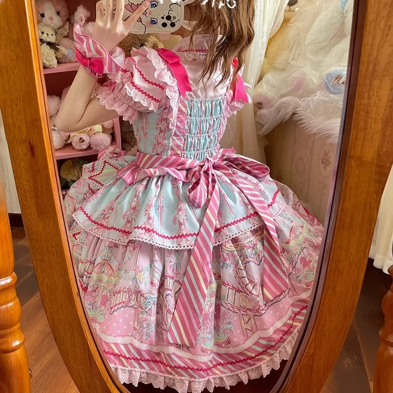 JSK الحلو لوليتا فستان لطيف Kawaii القوس الكرتون المطبوعة فساتين الأميرة قصيرة الأكمام قميص KC اكسسوارات مجموعات للنساء الزي