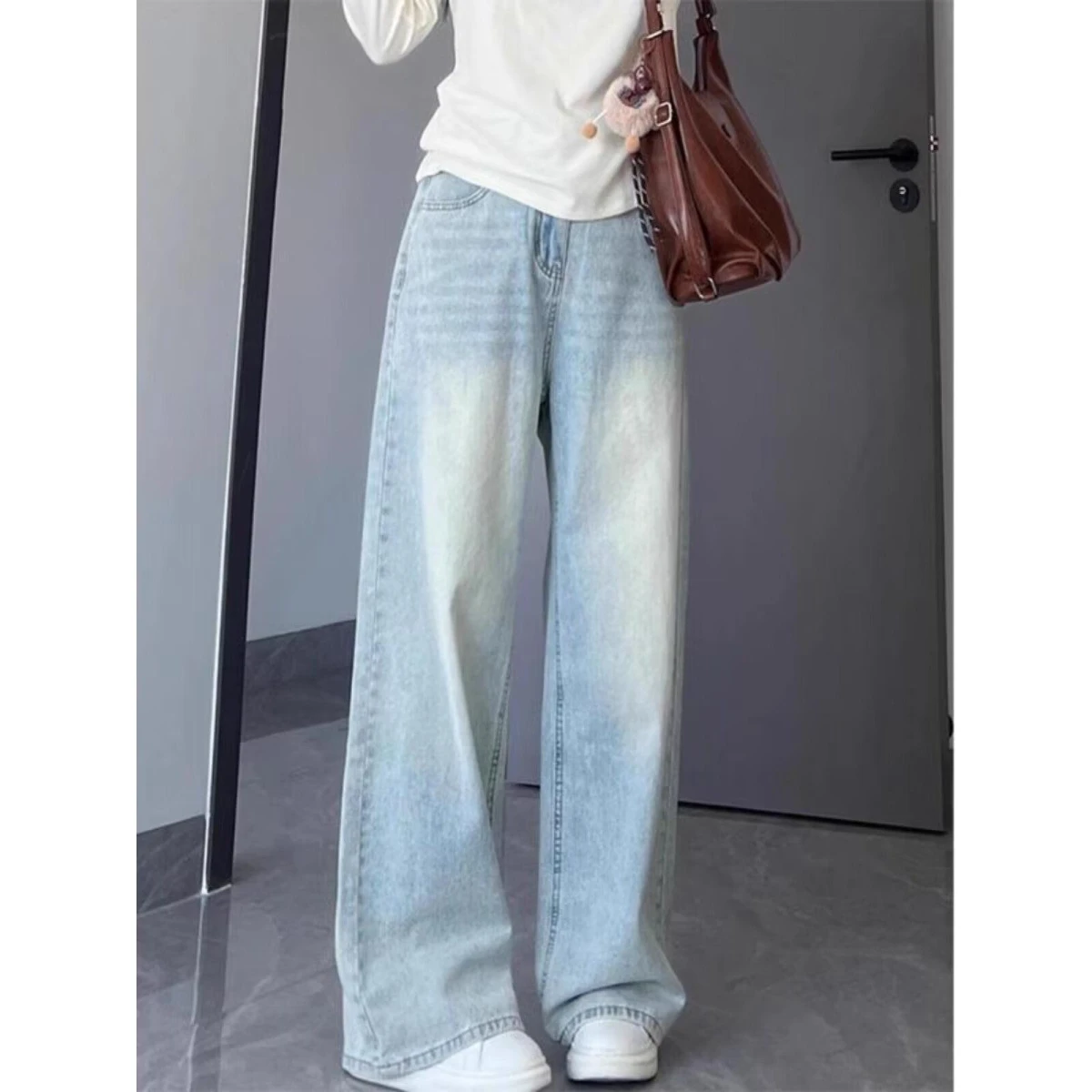 

Light Blue Straight Leg Jeans Women's Small Size Loose Slim High Waist Drapey Versatile Wide Leg Floor-Length Pants