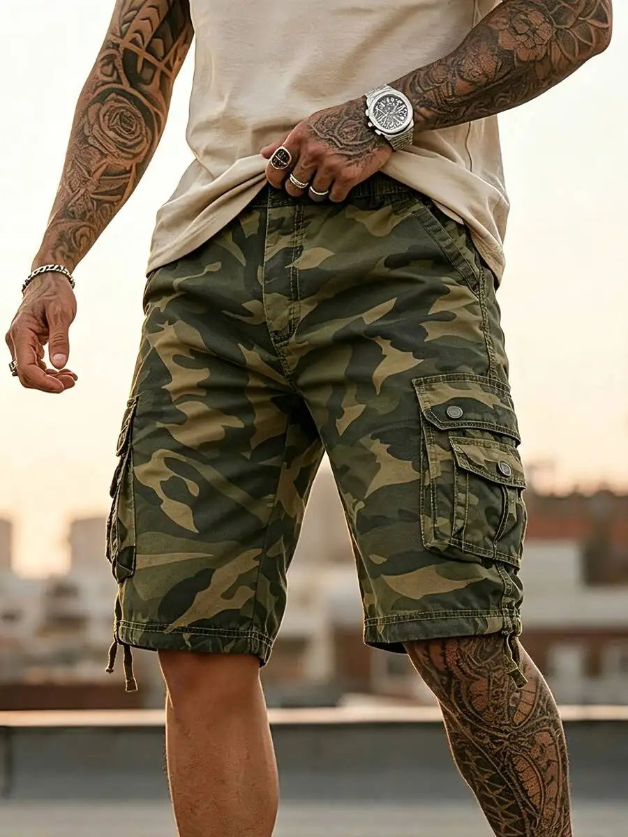 

Mens Camo Cargo Shorts Cotton Washed Vintage Casual Outdoor Shorts Multi Pockets Summer
