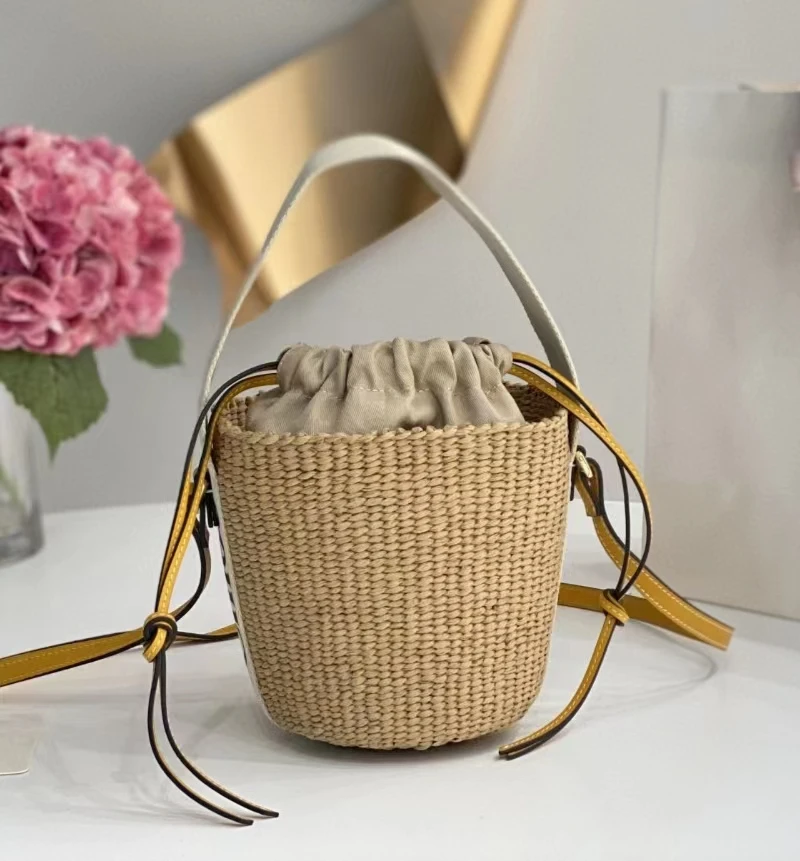 Summer 2023 Summer Women's New Woody Woven Vegetable Basket Bucket Bag Drawstring Letter Panels Ribbon Basket Bag