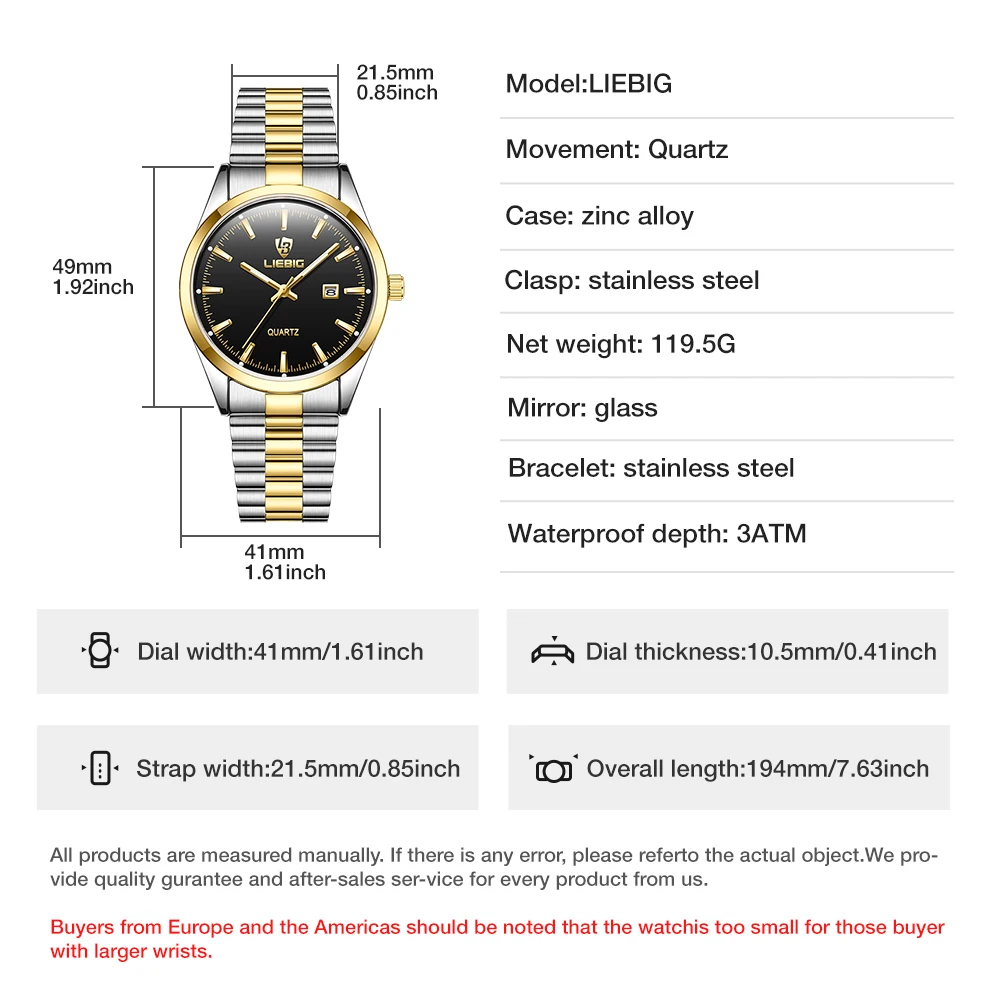 LIEBIG Quartz movement Wristwatch Clock Female Male Luxury Golden Full Steel Watches Mens Casual 3Bar Waterproof reloj hombre