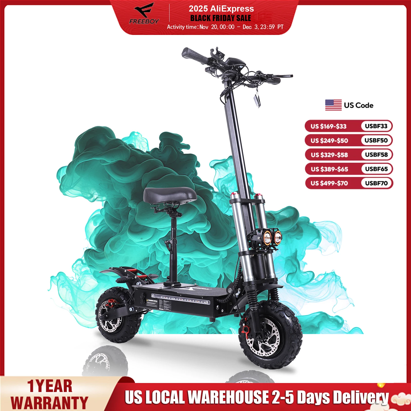

FREEBOY Electric Scooter 6000W Dual Motor, 60 MPH, 65 Miles Long Range, 11" All Terrain Tires, Foldable E scooter for Adults