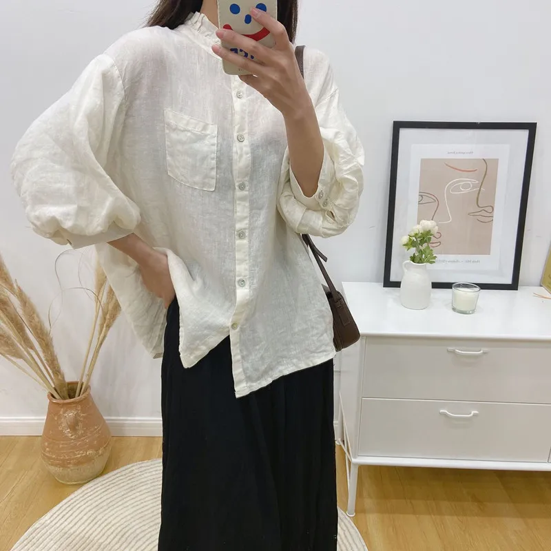 

Johnature New Vintage Linen Shirt For Women 2024 Spring Summer Mori Ruffles Lantern Sleeve Three Quarter Sleeve Female Blouses