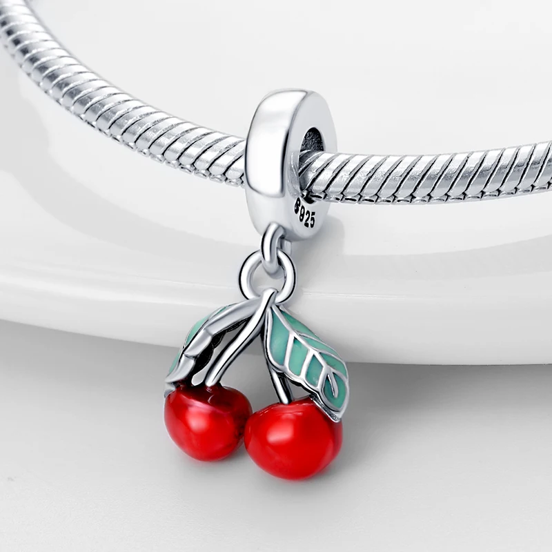 2024 Hot Sale Fruit Red Cherry Shape Charm Bead Fits Pandora Original Bracelet Women Silver Pendant Beads DIY Fine Jewelry Gift