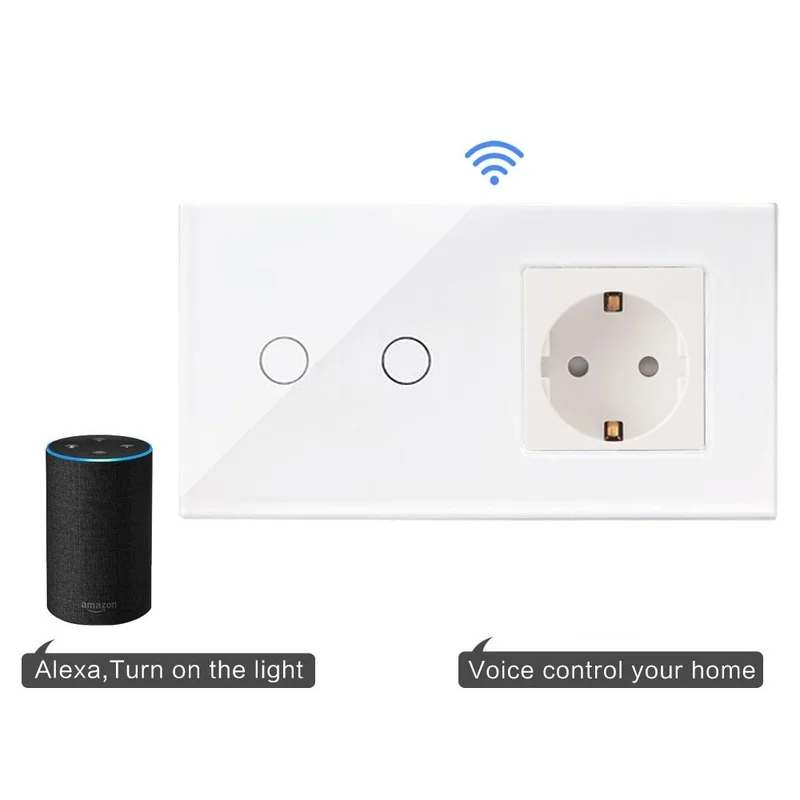 Bingoelec Wifi Wall Touch Switches with Normal EU Socket Glass Panel 1/2/3Gang Google Alexa Light Switches Tuya App Control