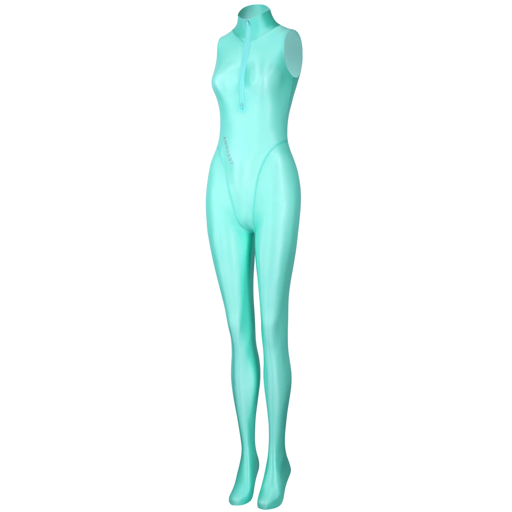 AMORESY dünner, glänzender, ölglatter, bidirektionaler Frontreißverschluss-Jumpsuit, einfarbiger, hochgeschlossener, ärmelloser Badeanzug – Detail 7