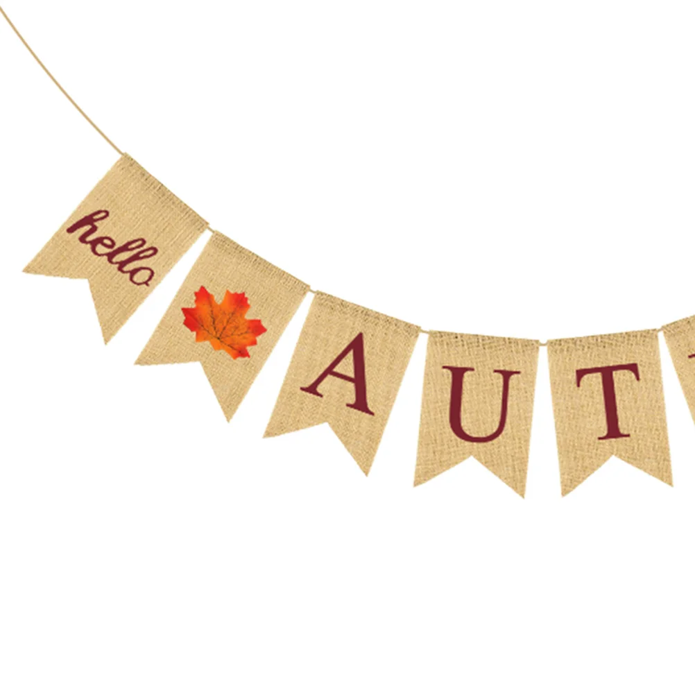 HELLO AUTUMN Brown Letter Printing Banner Maple Leaves Bunting Linen Swallowtail Garland Fall Festival Flag Party Supplies