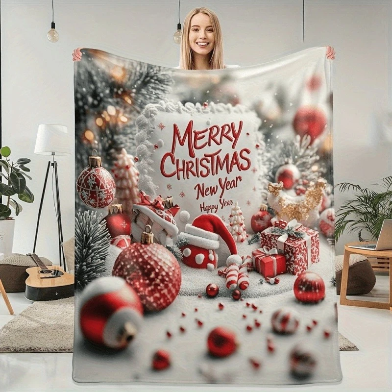 Merry Christmas New Year Print Throw Blanket, Xmas Bauble Gift Box Winter Holiday Sofa Throw Blanket