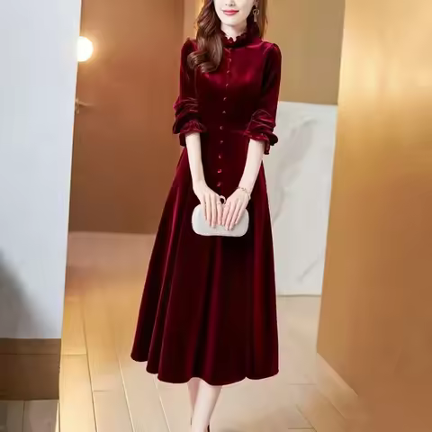 Wine Red Golden Velvet Dress Women's Autumn Long Sleeved Long Dresses Female Temperament Evening Dress Mujer Vestidos